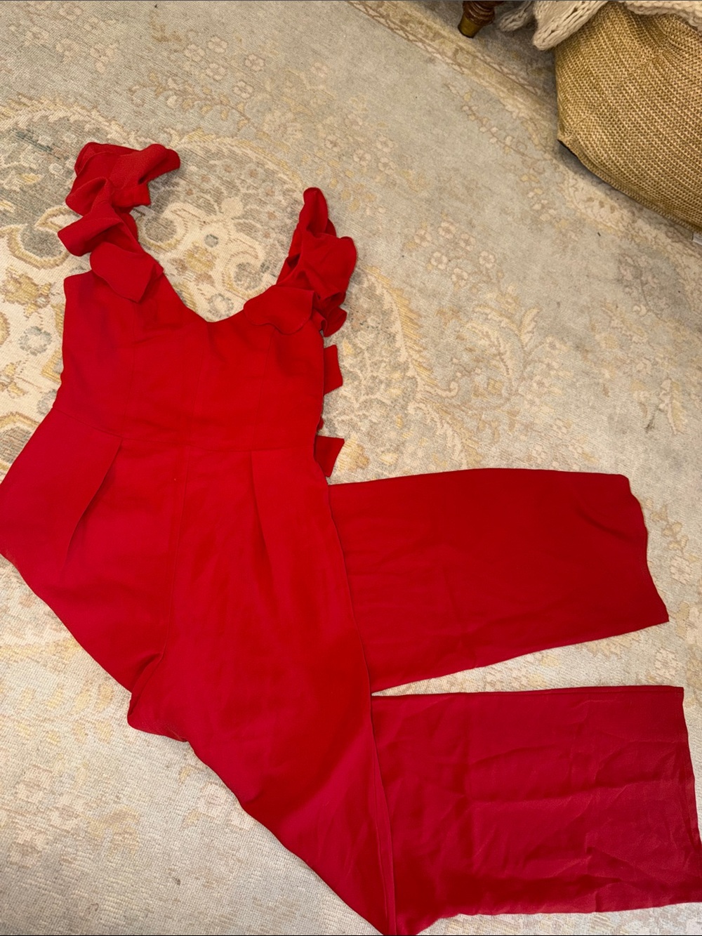Sugarlips Red Ruffle Strap Wide-Leg Jumpsuit